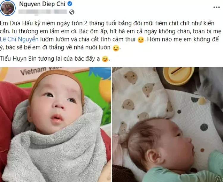 Chia sẻ của MC Diệp Chi. Đính kèm chia sẻ là loạt ảnh "kute hột me" về cậu nhóc khiến mọi người thích thú. Được biết, "tiểu Hyun Bin" mà MC Diệp Chi nhắc đến là con trai của em gái cô - Chuột Thổ Cẩm (Lê Chi Nguyễn). Cậu bé chào đời ngày 12/12/2021, đặt tên Hoàng Khôi (gọi thân mật ở nhà là Dưa Hấu).