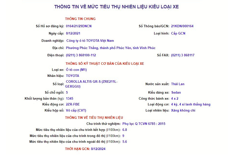 Theo thông tin đăng trên trang web chính thức của Cục Đăng kiểm Việt Nam, Toyota Corolla Altis GR-S nhập Thái Lan và dùng kiểu động cơ có mã 2ZR-FBE, kết hợp cùng hộp số biến thiên vô cấp CVT. Đây cũng là động cơ đang được dùng cho cả 2 bản 1.8G và 1.8V của Corolla Altis 2022 ở Việt Nam. Cụ thể, động cơ 4 xi-lanh, hút khí tự nhiên, dung tích 1.8L này sản sinh công suất tối đa 138 mã lực tại tua máy 6.400 vòng/phút và mô-men xoắn cực đại 172 Nm tại tua máy 4.000 vòng/phút.