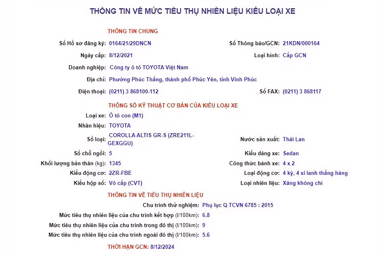 Theo thông tin đăng trên trang web chính thức của Cục Đăng kiểm Việt Nam, Toyota Corolla Altis GR-S nhập Thái Lan và dùng kiểu động cơ có mã 2ZR-FBE, kết hợp cùng hộp số biến thiên vô cấp CVT. Đây cũng là động cơ đang được dùng cho cả 2 bản 1.8G và 1.8V của Corolla Altis 2022 ở Việt Nam. Cụ thể, động cơ 4 xi-lanh, hút khí tự nhiên, dung tích 1.8L này sản sinh công suất tối đa 138 mã lực tại tua máy 6.400 vòng/phút và mô-men xoắn cực đại 172 Nm tại tua máy 4.000 vòng/phút.