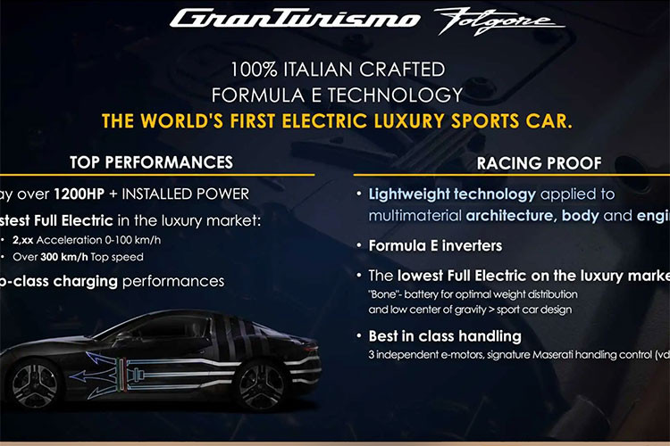 Nó cũng sẽ có một bộ pin 800 volt được gắn ở vị trí thấp trong xe, và khi đầy đủ năng lượng, Maserati hứa hẹn xe mới sẽ có công suất hơn 1.200 mã lực truyền tới cả 4 bánh. Nhờ vậy, thời gian gia tốc 0-96 km/h được giới thiệu là dưới 3 giây, với tốc độ tối đa đạt tới 305 km/h.