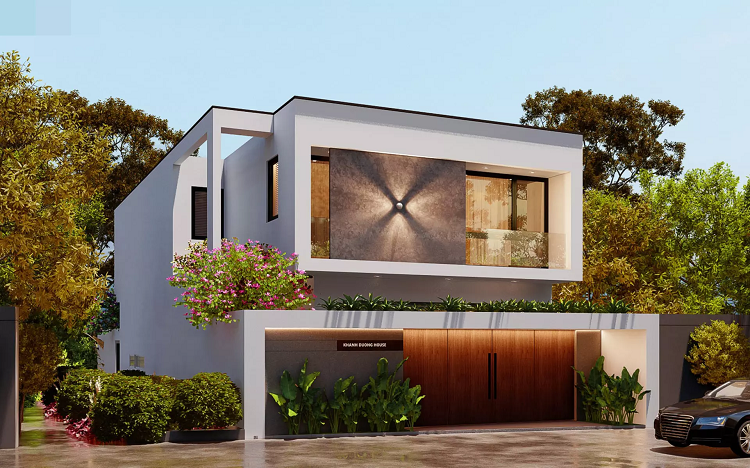 Mặt tiền nhà phố hiện đại, đơn giản nhưng sắc nét. Khánh Dương House là công trình anh Phan Hiển cùng các cộng sự thực hiện vào năm 2021. Khi đặt chân vào không gian này, mọi người sẽ ngỡ như đang được tách biệt hẳn khỏi phố xá ồn ào, xô bồ và những trung tâm sầm uất. Một bể bơi mini được thiết kế khéo léo, xung quanh trang trí thêm một số cây cảnh, đá, đất để tạo ra một mảng xanh thiên nhiên lãng mạn, hiền hòa.