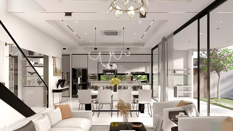 Phòng khách nhìn ra vườn và bể bơi xanh mát. Phòng còn bố trí lò sưởi, giúp không gian luôn ấm áp trong những ngày đông. Để có được một phương án thiết kế hoàn hảo, anh Phan Hiển thường tìm hiểu kỹ tính cách cũng như ý tưởng của chủ đầu tư về ngôi nhà trong mơ. Theo đó, gia chủ là người sống hướng ngoại, thích sự cởi mở và cuộc sống gần gũi với thiên nhiên. Do vậy mà kiến trúc nhà phố hiện đại 2 tầng thiết kế khá thoáng đãng và rất mở. Mặt tiền trẻ trung, hiện đại, không chú trọng tạo hình cầu kỳ cũng như không ưu tiên các gam màu sáng bắt mắt. Chủ đầu tư cũng là người có tư tưởng tiến bộ, không ưu tiên toàn bộ không gian cho sinh hoạt mà sử dụng nửa diện tích để đem tới nơi thư giãn thú vị cho cả gia đình: thỏa thích bơi lội, trồng cây, ngắm hoa và ngồi thưởng trà hít thở bầu không khí trong lành.