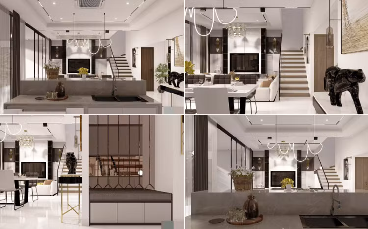 Không gian hiện đại độc đáo, trẻ trung và mang một dấu ấn rất riêng, thể hiện nét cá tính chủ sở hữu. Toàn cảnh xung quanh công trình nhà phố hiện lên vẻ xanh mướt mát của cây cỏ, hoa lá, thiên nhiên. Những thảm cỏ xanh mượt được bố trí xen kẽ với các tấm đá lát sân thô mộc, tạo cảnh quan thiên nhiên gần gũi, bình dị cho căn nhà. Tông màu trắng và đen được sử dụng chủ yếu trong thiết kế nội thất của căn nhà, đan xen là các chi tiết màu xám với các sắc độ khác nhau giúp tạo điểm nhấn.