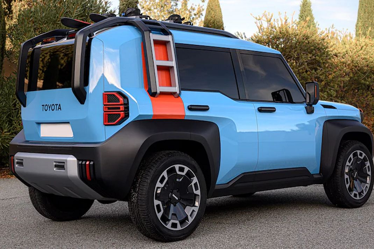 Di chuyển ra phần thân, mặc dù có bốn cửa, nhưng chiều dài cơ sở của xe có vẻ rất ngắn, điều này sẽ giúp chiếc SUV cơ động cả trên đường mòn và trong thành phố. Phần chắn bùn bánh xe của Compact Cruiser EV được ốp nhựa màu đen và tạo hình khối, mang đến cảm giác chắc chắn, hầm hố, đậm chất off-road. Tiếp đến là phần cửa dựng đứng tạo vẻ bề thế, bộ mâm nan lớn khá xưa cũ bao bởi lốp All-Terrain.