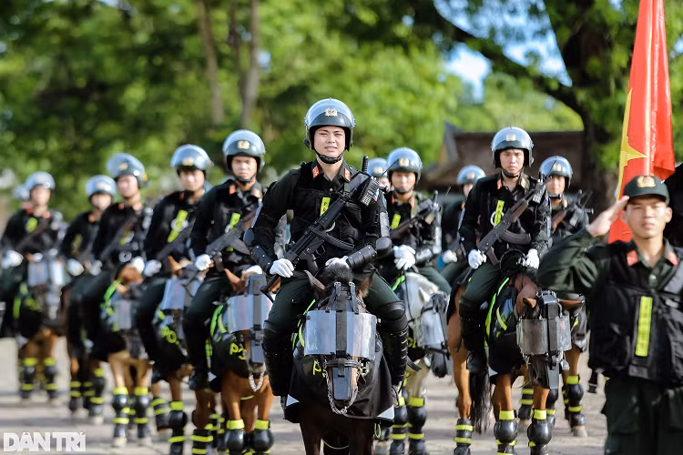 40 chiến sĩ Cảnh sát cơ động kỵ binh được trang bị súng tiểu liên MP-5, máy bộ đàm và dùi cui. Ngựa được mặc giáp, tấm che mắt.