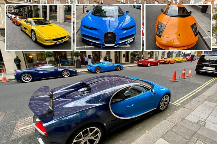 Dàn siêu xe triệu đô này đậu bên ngoài khách sạn 5 sao London May Fair nổi tiếng, có giá lưu trú một đêm tới 4.200 USD (khoảng 98 triệu đồng). Đội xe ấn tượng gồm thương hiệu Bugatti và các biểu tượng sang trọng của nước Ý như Ferrari và Lamborghini. Và có thể chắc chắn một điều là chủ sở hữu của những chiếc xe này sẽ không hề bận tâm về tấm vé phạt 156 USD (khoảng 3,6 triệu đồng).