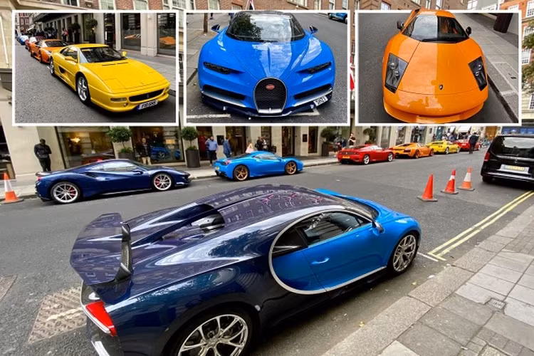 Dàn siêu xe triệu đô này đậu bên ngoài khách sạn 5 sao London May Fair nổi tiếng, có giá lưu trú một đêm tới 4.200 USD (khoảng 98 triệu đồng). Đội xe ấn tượng gồm thương hiệu Bugatti và các biểu tượng sang trọng của nước Ý như Ferrari và Lamborghini. Và có thể chắc chắn một điều là chủ sở hữu của những chiếc xe này sẽ không hề bận tâm về tấm vé phạt 156 USD (khoảng 3,6 triệu đồng).