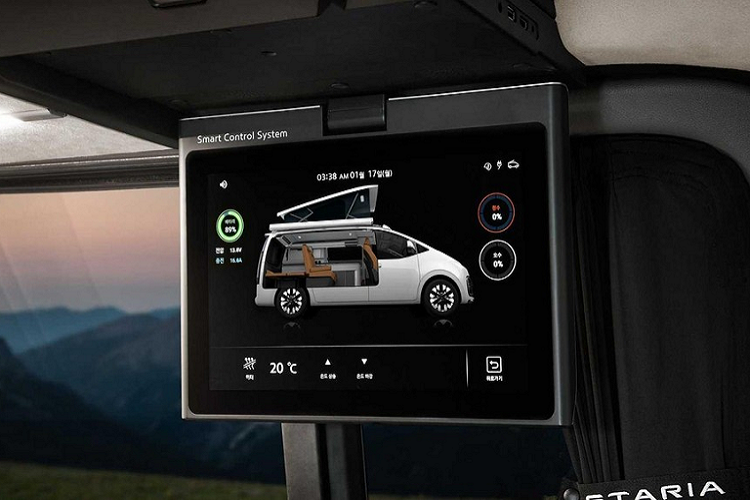 Mẫu minivan phiêu lưu này có phần nóc bật ra thành lều ngủ với chỉ một nút bấm, và một tấm đệm hơi cho những chỗ ngủ lớn hơn. Nhờ kích thước hình hộp mang đến một cabin rộng rãi, Staria Lounge Camper tích hợp rất nhiều trang bị tiện ích. Danh sách đó bao gồm một tủ lạnh 36 lít, một bồn rửa và bộ vòi nước, một bàn gấp, và các kệ bên tích hợp trong.