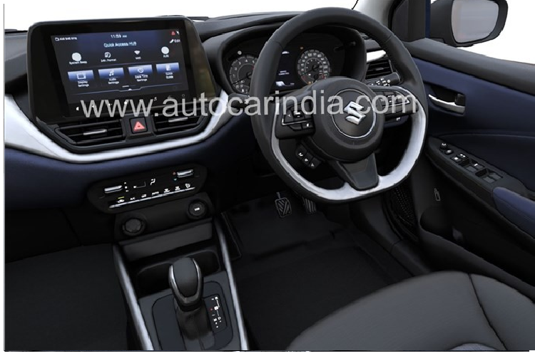 Tương tự ngoại thất, nội thất của Suzuki Baleno 2022 cũng được nâng cấp đáng kể với thiết kế 3 tầng hoàn toàn mới ở mặt táp-lô. Tầng trên cùng được sơn màu đen và trông khá giống với Suzuki S-Cross thế hệ mới hiện đang bán ở thị trường châu Âu. Tiếp đến là tầng giữa màu bạc làm điểm nhấn, bao quanh cửa gió điều hòa trung tâm và kéo dài sang hai bên cột A. Trong khi đó, tầng cuối cùng màu xanh đậm giống mặt cửa.