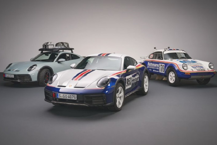 Siêu xe Porsche 911 Dakar sở hữu ngoại hình hầm hố và đậm chất off-road với ngoại thất 2 tông màu đặc trưng Trắng/Xanh Enzian Blue Metallic cùng bộ tem đua đỏ/vàng ánh kim. Xe có phần cản trước và sau được lấy cảm hứng từ 911 Turbo S nhưng đã được tinh chỉnh lại, bổ sung thêm ốp gầm cũng như vòm bánh xe làm bằng kim loại.