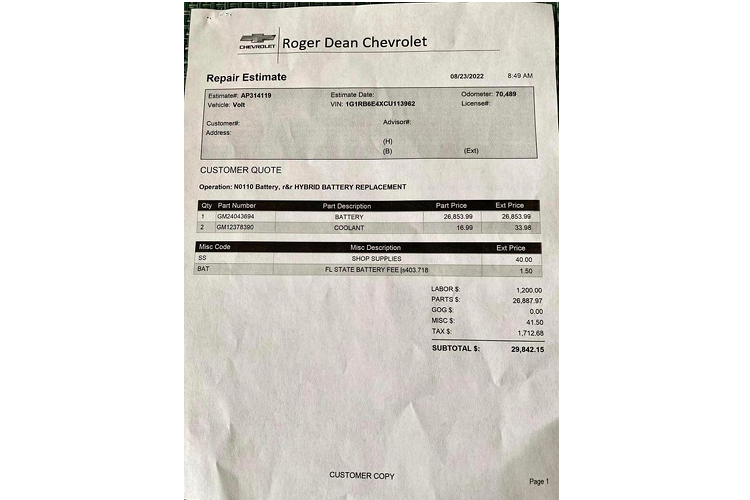 Như vậy, tổng số tiền mà chủ phương tiện này phải bỏ ra để thay pin cho chiếc Chevrolet Volt 10 năm tuổi là 30.842,15 USD (khoảng 723 triệu đồng). Trong khi đó, trên thị trường xe cũ, giá chiếc xe hybrid hiện chỉ còn 9.000 USD (khoảng 211 triệu đồng).