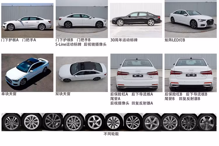 Các hình ảnh cho thấy phiên bản 45 TFSI ở hai cấp độ trang trí khác nhau, có thể phân biệt nhờ thiết kế ở đầu xe. Một phiên bản có các nan kim loại chạy ngang trên lưới tản nhiệt Singleframe cùng các tấm chèn chrome hình chữ Y trên hốc hút gió, trong khi phiên bản còn lại có thiết kế thể thao hơn với các điểm nhấn chrome chạy đứt quãng trên mặt lưới tản nhiệt cùng trang trí hốc hút gió khác biệt.