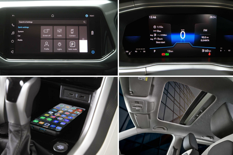 Bên trong khoang nội thất, Volkswagen T-Cross tại thị trường này được trang bị bảng đồng hồ kỹ thuật số 8 inch sau vô lăng, màn hình giải trí 10 inch có kết nối Apple CarPlay/Android Auto, cửa sổ trời chỉnh điện, làm mát ghế trước, điều hòa tự động, đèn viền trang trí nội thất, sạc điện thoại không dây,…