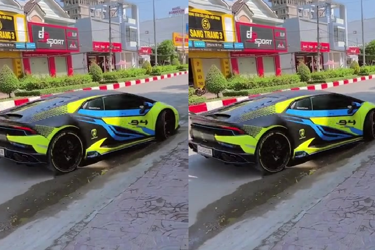 Tông màu áo chính ở nửa thân trước của chiếc siêu xe Lamborghini Huracan LP610-4 tại Bạc Liêu là vàng kết hợp các màu sắc như xanh dương và đen cùng các con số và logo tạo tính tương phản cho ngoại hình.