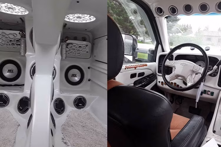 Ở bên trong, hàng ghế sau và khoang hành khách của Avalance đã được loại bỏ và thay vào đó là hai khu vực lớn được ốp nhựa trắng và có một số loa và hai cửa sổ trần.