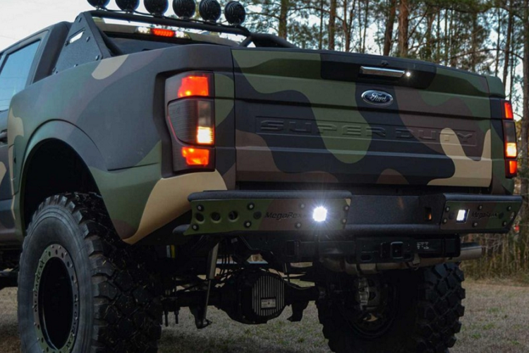 Về mặt ngoại thất, F-250 MegaRaptor có bao phủ bằng một lớp bọc họa tiết rằn ri cổ điển với sự kết hợp của các sắc thái nâu và xanh lục. Nó cũng có một lớp hoàn thiện kiểu mờ đục để tránh quá hào nhoáng. Họa tiết rằn rỉ đậm chất quân sự được áp dụng cho cả các tấm cản va ở hai đầu và đường viền xung quanh bánh xe.