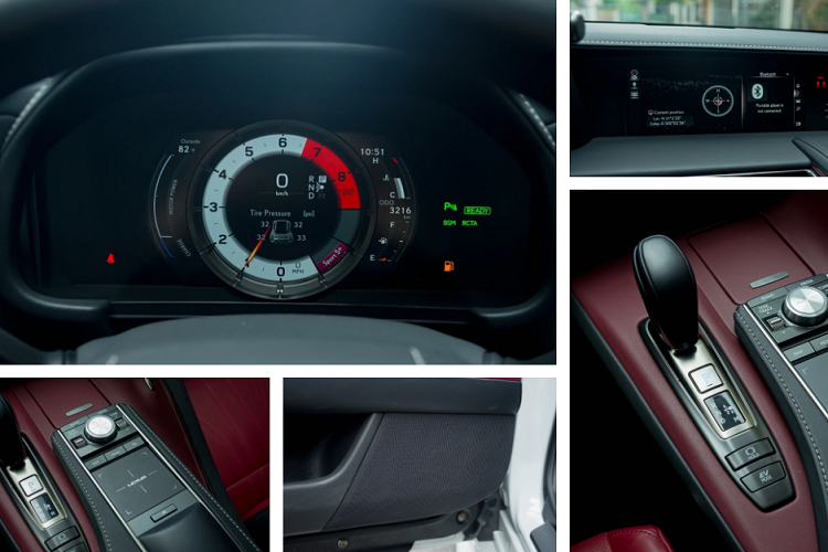 Là một mẫu xe thể thao nên LC500h có không gian nội thất tập trung vào người lái. Xe sử dụng vô lăng 3 chấu tích hợp nhiều nút chức năng kết hợp cùng lẫy chuyển số phía sau. Ngoài ra, hệ thống thay đổi chế độ lái (Drive Mode Select) của chiếc xe bố trí hai cạnh cụm đồng hồ là điều khác biệt so với thông thường.