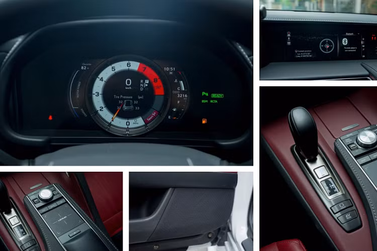 Là một mẫu xe thể thao nên LC500h có không gian nội thất tập trung vào người lái. Xe sử dụng vô lăng 3 chấu tích hợp nhiều nút chức năng kết hợp cùng lẫy chuyển số phía sau. Ngoài ra, hệ thống thay đổi chế độ lái (Drive Mode Select) của chiếc xe bố trí hai cạnh cụm đồng hồ là điều khác biệt so với thông thường.