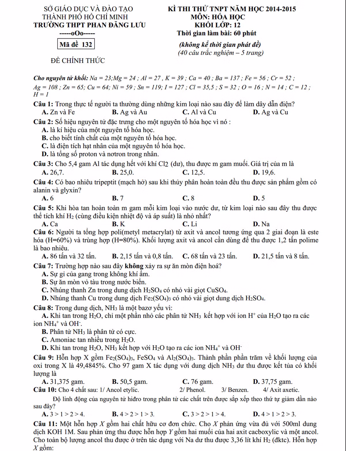 De thi thu THPT quoc gia 2015 mon Hoa hoc THPT Phan Dang Luu TP HCM