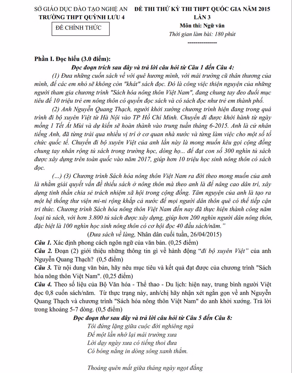 De thi thu THPT quoc gia 2015 mon Ngu Van THPT Quynh Luu 4