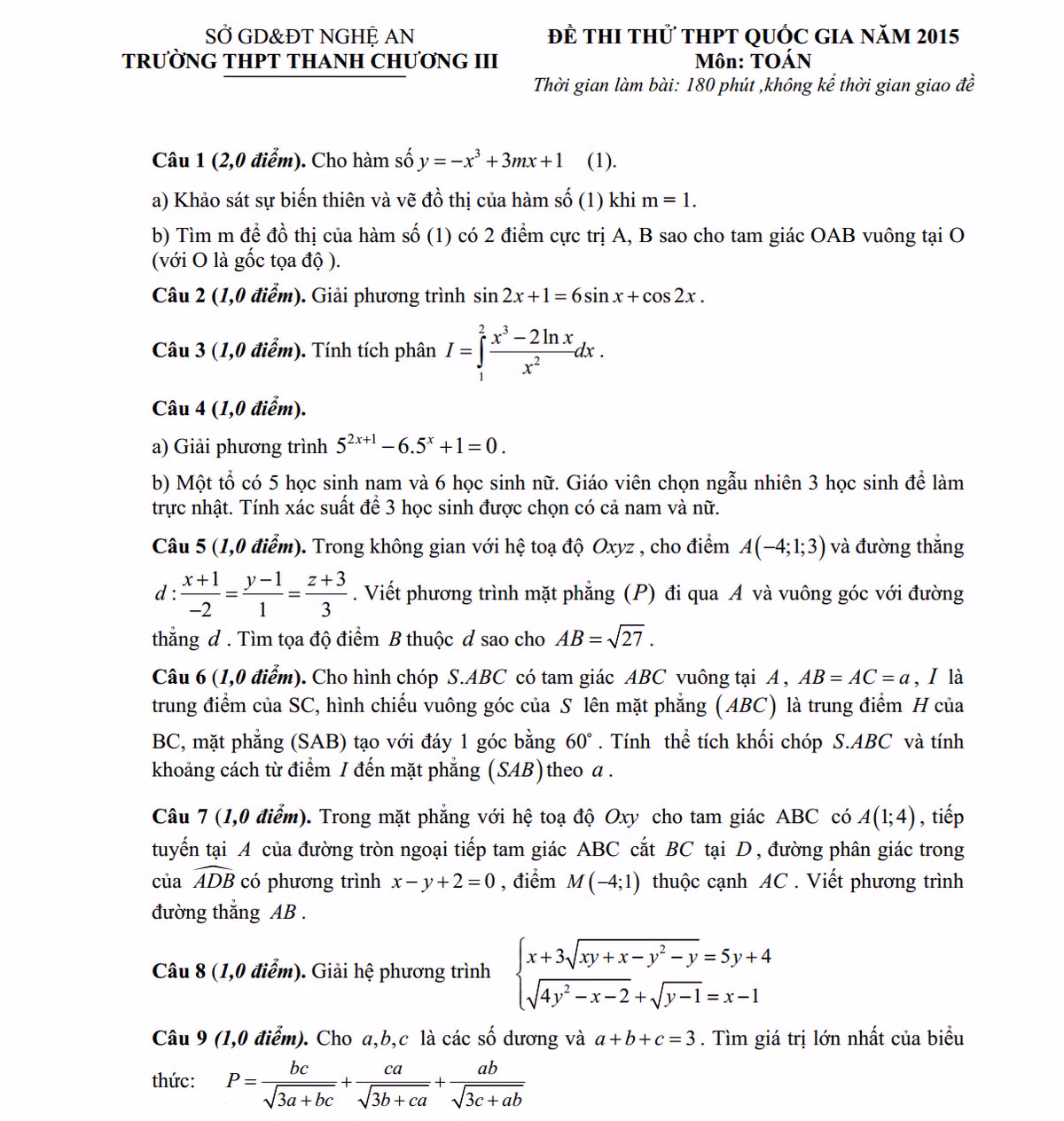 De thi thu THPT quoc gia 2015 mon Toan tinh Nghe An