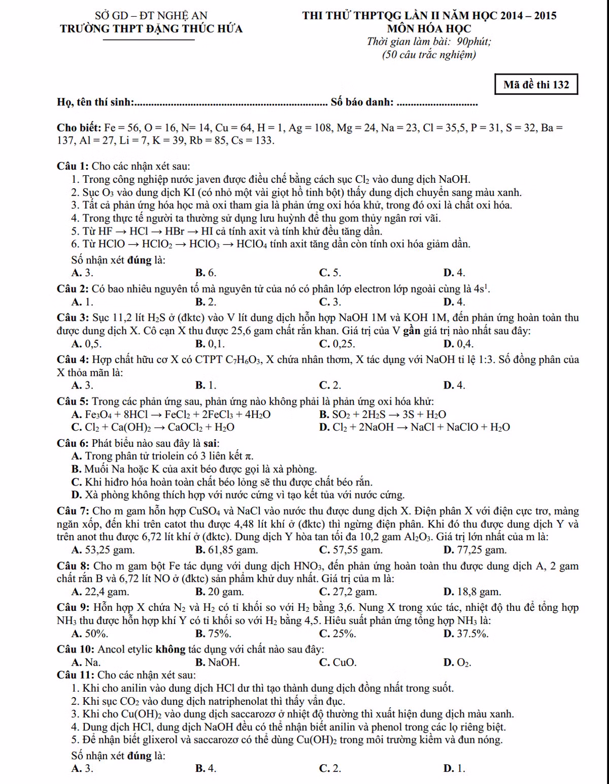 De thi thu THPT quoc gia 2015 mon Hoa tinh Nghe An va dap an