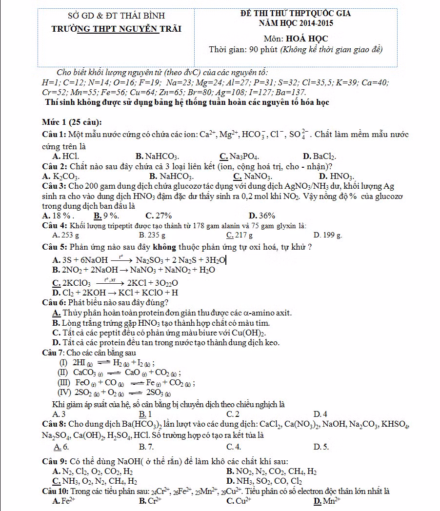 De thi thu THPT quoc gia 2015 mon Hoa hoc THPT Nguyen Trai.