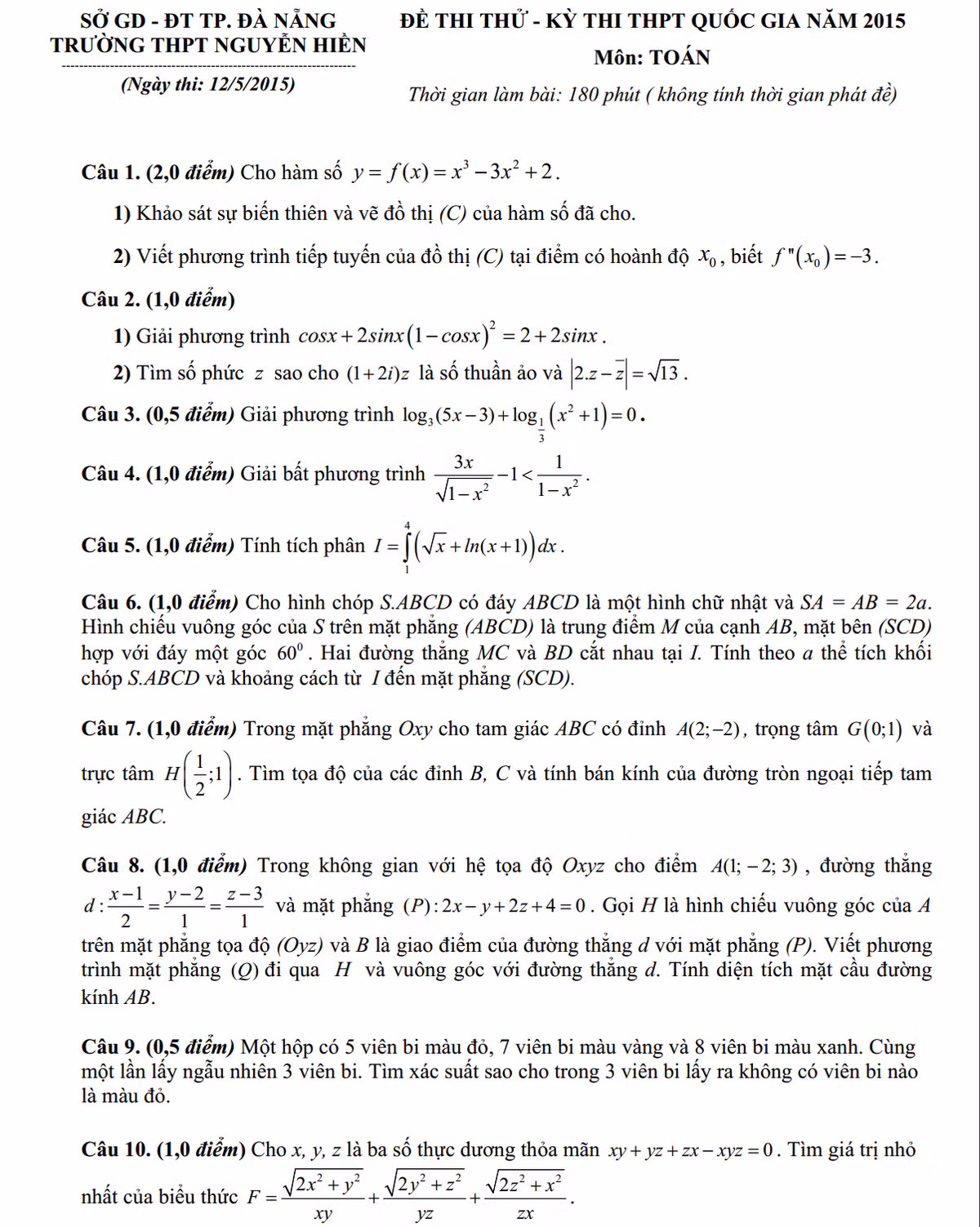 De thi thu THPT quoc gia 2015 mon Toan THPT Nguyen Hien.