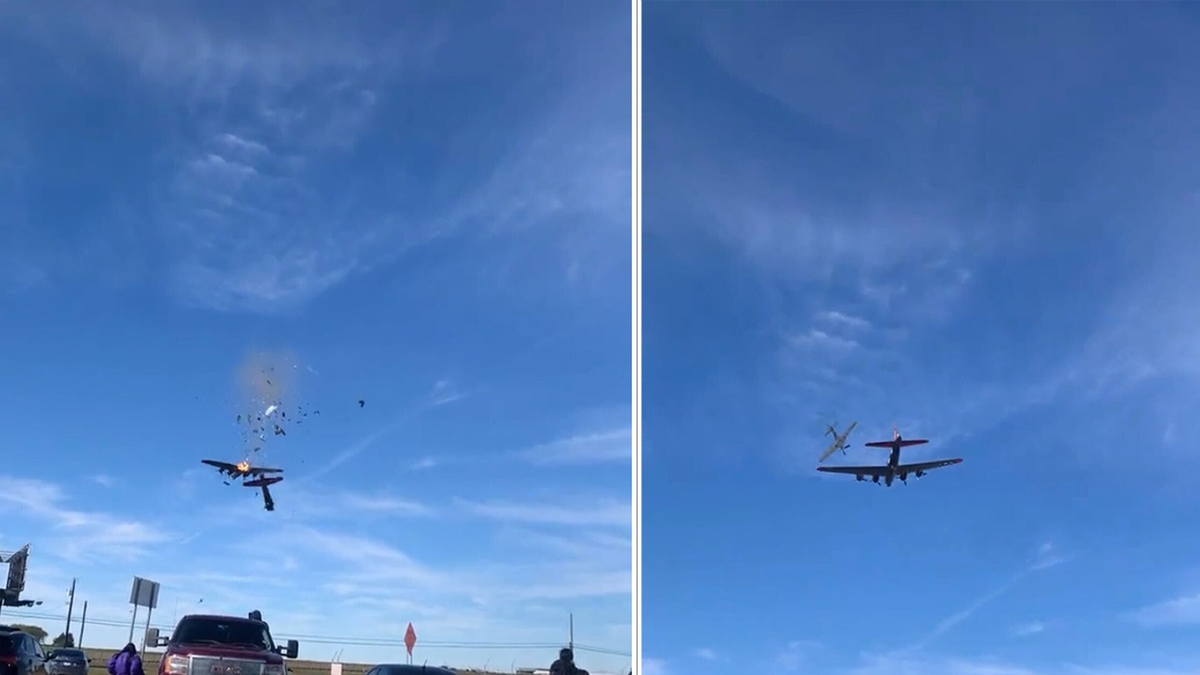 Ngày 12/11/2022, trong buổi biểu diễn của đoàn máy bay ở Dallas, bang Texas (Mỹ) kỷ niệm ngày cựu chiến binh, hai chiếc máy bay quân sự thời Thế chiến II là Boeing B-17 và Bell P-63 Kingcobra đã va chạm ở độ cao thấp và rơi xuống đất. Vụ việc khiến cả 6 người có mặt trên hai chiếc máy bay đều thiệt mạng. Ảnh: Fox.