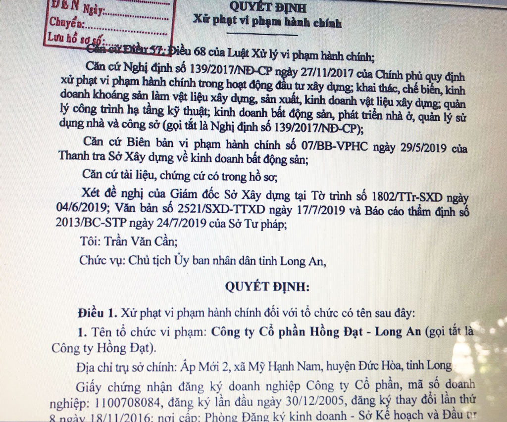 Ban 2.500 lo dat sai luat, Hong Dat nhan trat phat khung tu Long An