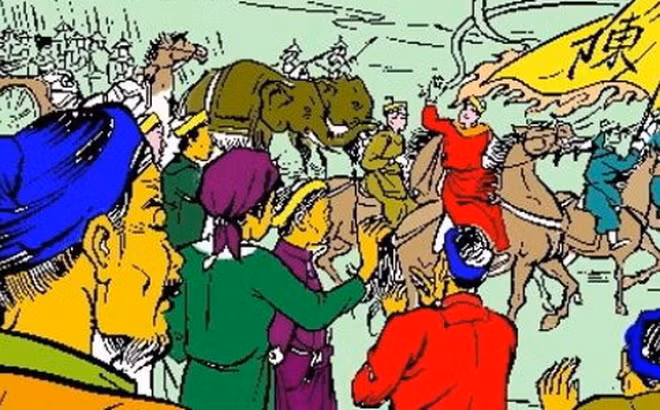 Trước sức mạnh và khí thế rất hăng của kẻ thù, nghe theo lời của tướng Lê Tần (Lê Phụ Trần), vua cho lui binh chiến lược, tránh đối đầu trực tiếp với quân thù đang mạng. Đây là cuộc rút lui chiến lược quan trọng, giúp quân dân nhà Trần có thời gian chuẩn bị, giành thắng lợi về sau. Ảnh: Thư viện lịch sử.