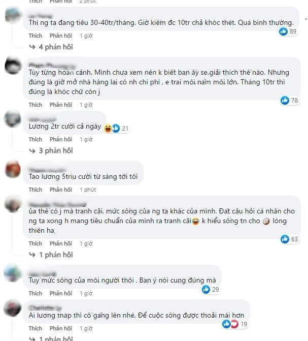 "Tùy vào từng hoàn cảnh mỗi người, mức sống khác nhau. Với Long Chun là vậy, còn mình thì 10 triệu vẫn ok mà", "Mình thấy quan điểm này không ổn lắm, 10 triệu vẫn khá cao ở mức lương người Việt hiện tại", "Thu nhập tiền bạc là thứ nhạy cảm, lương thì biết bao nhiêu cho đủ. Bạn may mắn và cố gắng có những thứ hiện tại, nên làm ơn hãy im lặng và đừng phán xét cuộc sống người khác",...là những bình luận của netizen không đồng tình với ý kiến trên của Long Chun.