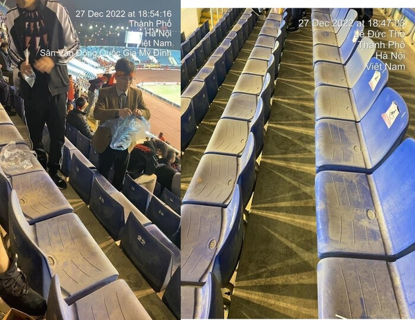 Khán giả đến xem trận cầu phải lót túi nilon để ngồi vì ghế bẩn. Ảnh: Tổng hợp