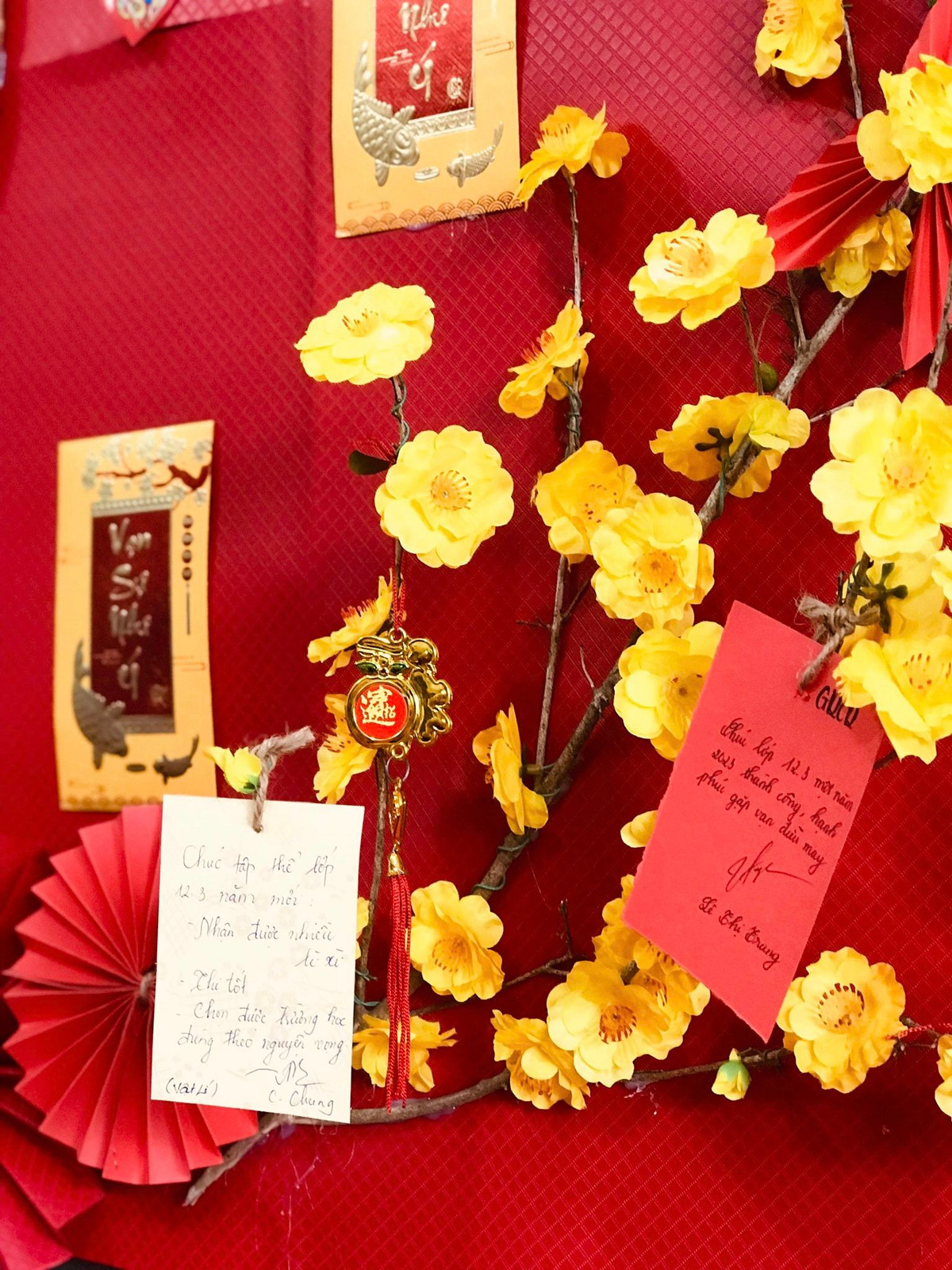 Mọi ngóc ngách của lớp học đã được teen phủ đầy không khí Tết với sắc đỏ của lồng đèn, vàng của hoa mai, hồng của hoa đào.