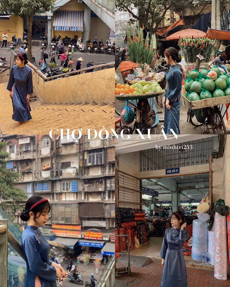 Khu chợ Đồng Xuân những ngày Tết hay cận Tết được khoác lên mình màu áo hoàn toàn mới. Chẳng cần diện đồ rực rỡ, với tà áo dài truyền thống, mỗi bức hình bạn chụp tại đây sẽ mang lại vẻ đẹp riêng biệt, đó là sự bình dị, hoài cổ, tựa như lạc vào không gian Hồng Kông.