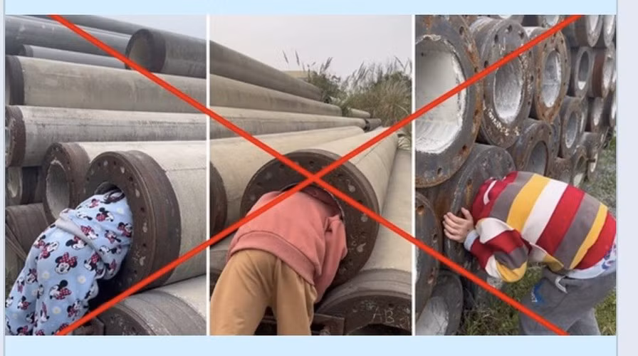 TikToker này cùng 3 em nhỏ từ 4 - 9 tuổi có mặt tại một công trường xây dựng xếp rất nhiều trụ bê tông có đường kính 25cm. Người này hỏi rõ cân nặng của mỗi bé và lần lượt cho các bé chui vào để thử nghiệm xem các bé có thể chui lọt vào hay không.