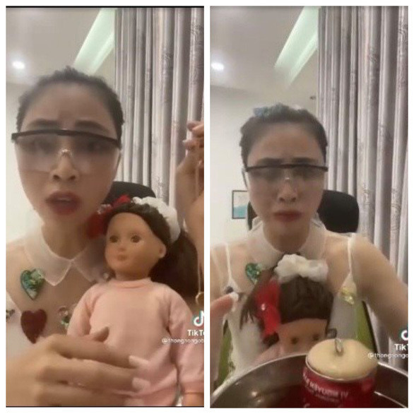 Ở đoạn cuối clip, cô còn khiến người xem cảm thấy rùng rợn khi khui nước ngọt để cho “con gái” uống, và khẳng định “bé uống quá trời”.