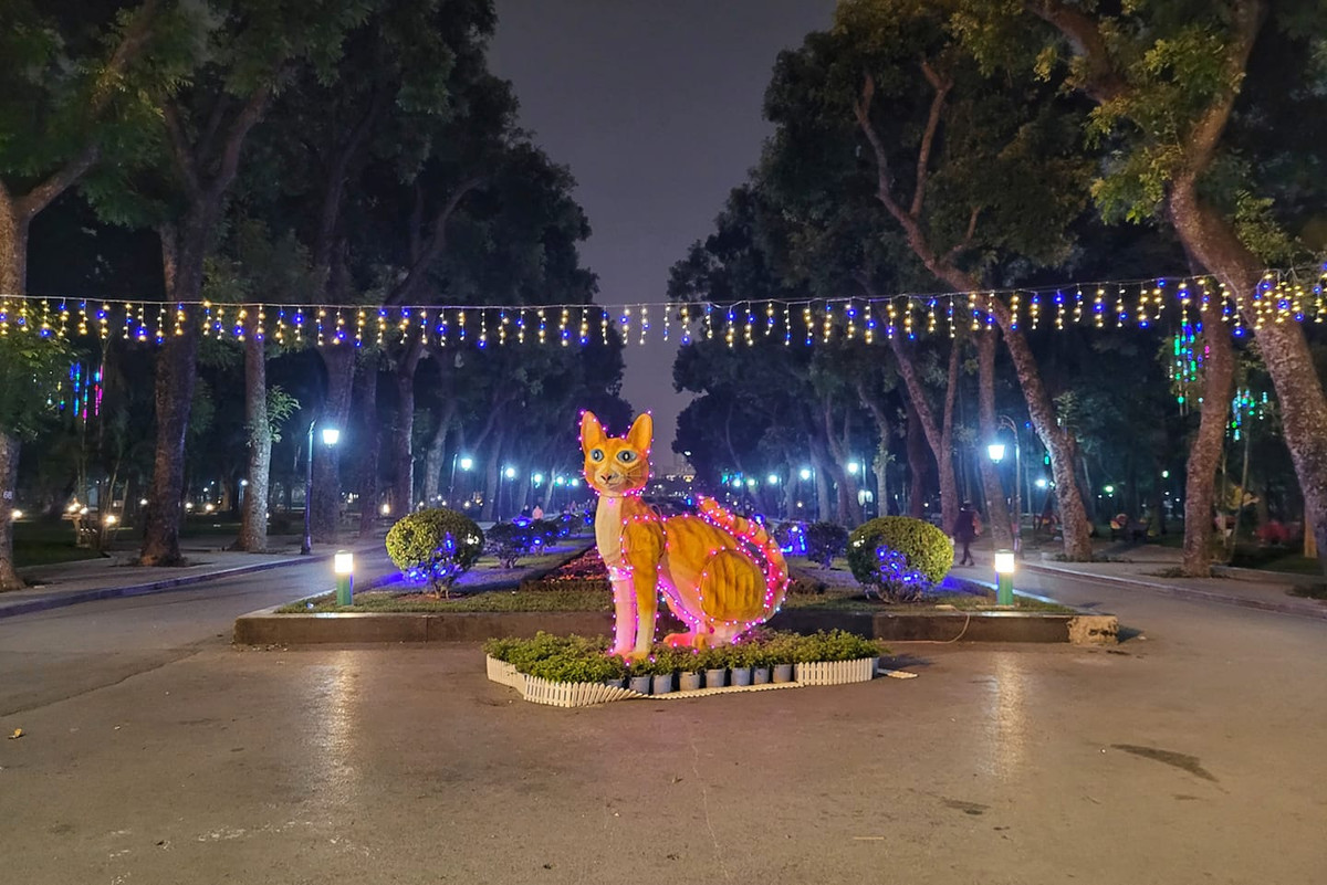 Trái với trong tưởng tượng của nhiều người, thì tượng mèo này có tạo hình màu vàng cam và hơi gầy một chút. Ảnh: Cường