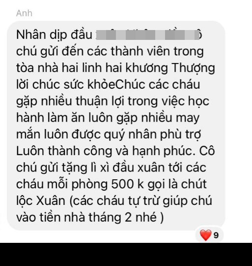 Hình ảnh một chủ trọ ở Hà Nội gửi tin nhắn chúc mừng năm mới và lì xì khách thuê trọ sau Tết từng gây chú ý trên MXH.