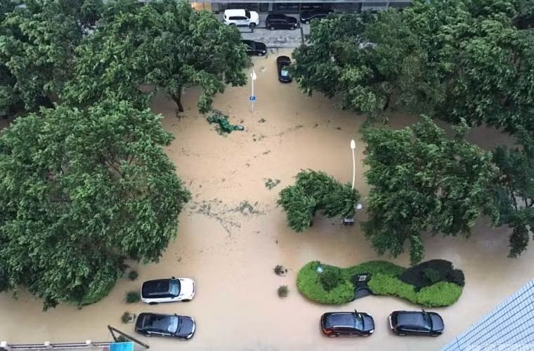 Ô tô, đường phố chìm trong biển nước ngập.