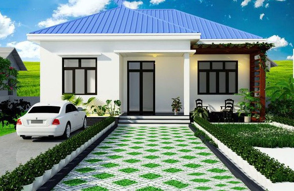 Điểm nổi bật của căn nhà là sự kết hợp của mái xanh dương, sơn tường màu trắng cùng lối vào có gạch ốp lát. Ảnh: Poliva.