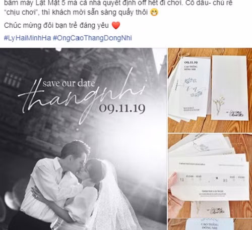 Mới đây, trên fanpage, vợ chồng Lý Hải - Minh Hà tiết lộ hình ảnh thiệp cưới của cặp đôi Ông Cao Thắng - Đông Nhi. Ảnh chụp màn hình.
