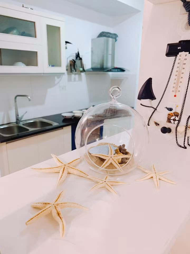 Cô cũng đặt nhiều món quà lưu niệm gần gũi với biển trong nhà như các con sao biển, tranh bằng cát và đá biển. Ảnh: FBNV.