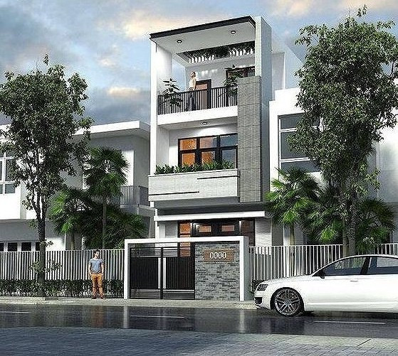 Để tạo điểm nhấn bắt mắt cho mặt tiền, ban công tầng 2 được bố trí rộng để trồng hoa và ban công tầng 3 phá cách bởi lan can bằng sắt màu đen. Ảnh: Msa.