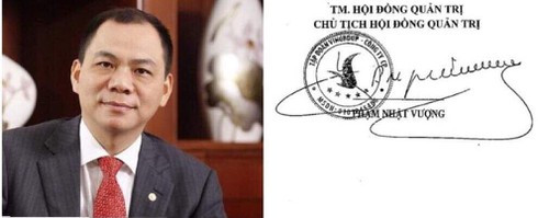 Chữ ký của tỷ phú Phạm Nhật Vượng được cho là khá đơn giản với đặc trưng hướng dần về phía trên. Ông Phạm Nhật Vượng được tạp chí Forbes vinh danh lần đầu vào năm 2013 ở vị trí 974 thế giới với tổng tài sản 1,5 tỷ USD. Ảnh: Infonet.