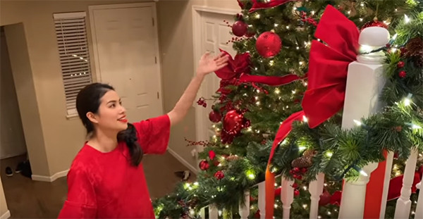 Cạnh khu vực cầu thang cũng có một cây thông Noel lung linh sắc màu.