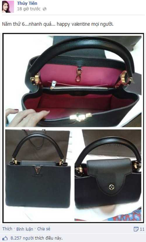 Ngày 14/2/2014, nhân kỷ niệm năm thứ 6 yêu nhau, Công Vinh gây xôn xao dư luận khi tặng ca sỹ Thủy Tiên chiếc túi hàng hiệu có giá khoảng 120 triệu đồng. Ảnh: VTC.