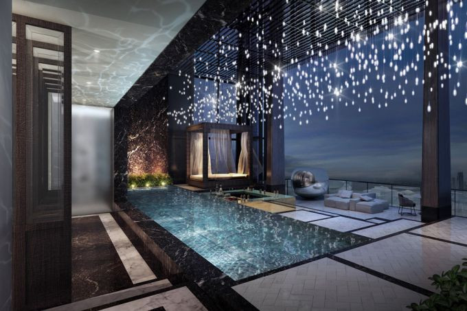 Căn hộ nằm trên tầng 62 đến 64 của tòa nhà, cho tầm nhìn bao quát toàn thành phố. Ấn tượng nhất là sân thượng ngoài trời, nơi có hồ bơi nước mặn, bể sục và khu vực ăn uống.