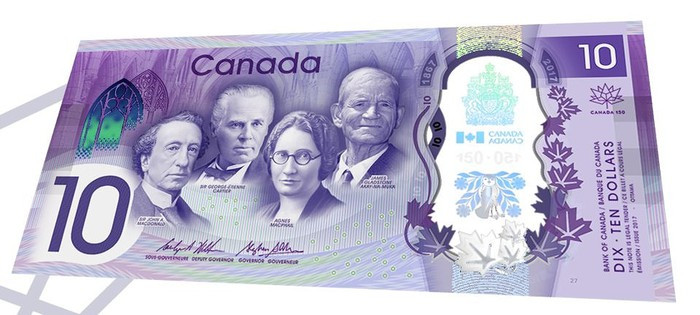 Được phát hành nhân dịp kỷ niệm 150 năm thành lập Liên bang Canada, tờ 10 đôla mới của nước này làm bằng polymer và có sắc tím.