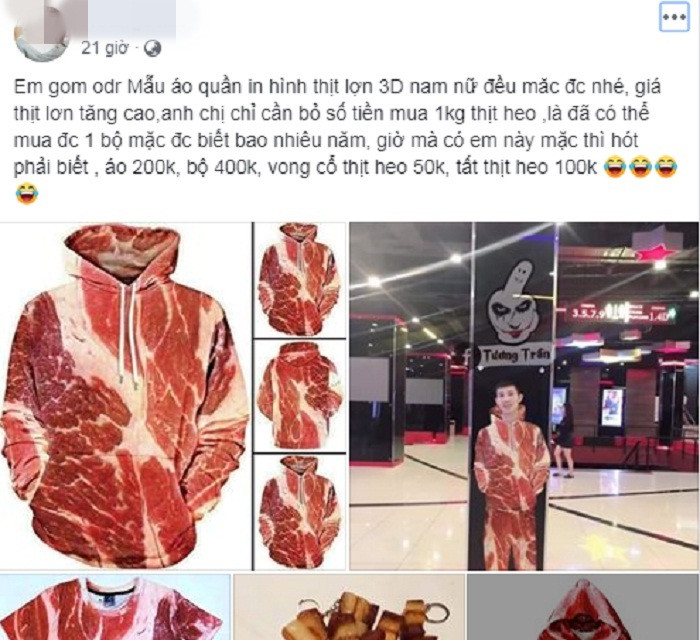 Áo in hình thịt lợn được rao bán với giá 200.000 đồng/chiếc. Trong khi đó, cả bộ áo quần in thịt lợn có giá 400.000 đồng/bộ.